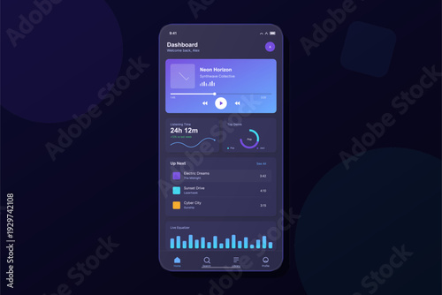 A sleek dark mode music player interface on a smartphone screen showing audio playback, listening time data, genre charts, and a list of upcoming tracks with an equalizer.