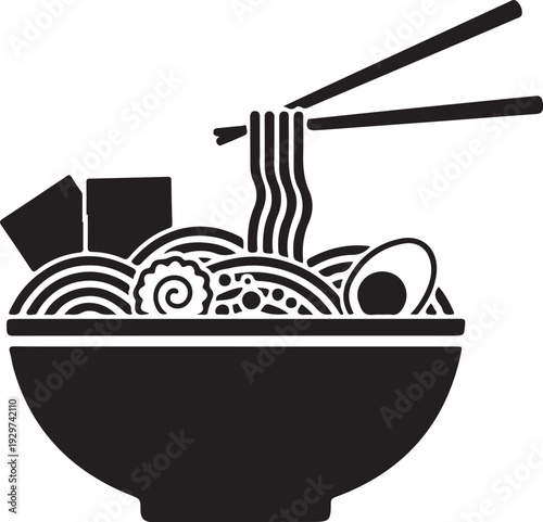 Black and white illustration of noodles in a bowl with chopsticks  asian food