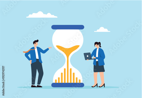 Flat illustration of business people analyze sandglass time graph to manage employee timesheet efficiently.
