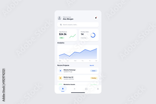 A clean mobile application dashboard interface featuring financial analytics, task management, and project tracking with a minimalist design and soft blue accents on a white background.