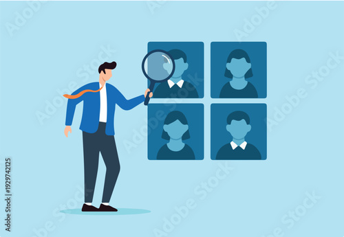 Flat illustration of human resource manager analyzing candidate profiles with magnifying glass to select perfect team members for recruitment and hiring process