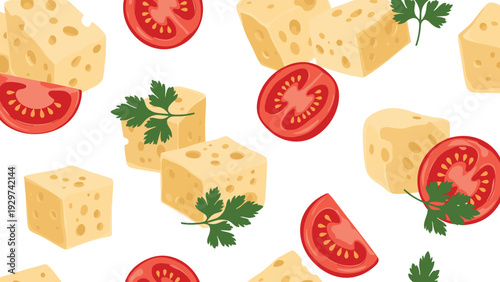 Continuous pattern of yellow cheese cubes red tomato slices and fresh green parsley sprigs creates a delicious and vibrant food background design.