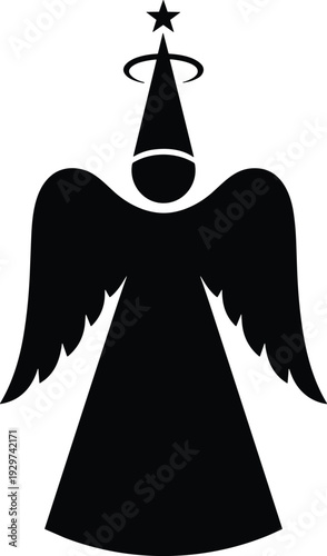 Christmas angel silhouette with star and halo vector illustration, festive holiday tree topper decoration design, black and white religious spiritual icon for winter celebration