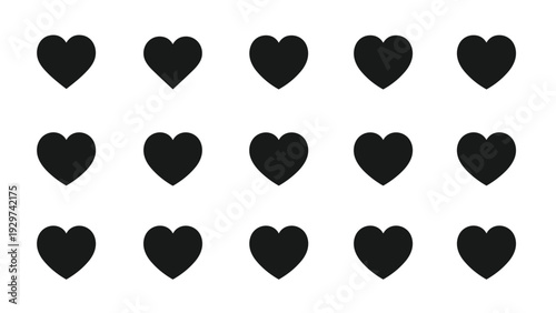 Simple pattern of fifteen solid black hearts arranged in a clean grid formation on a white background provides a classic symbol for love themes.