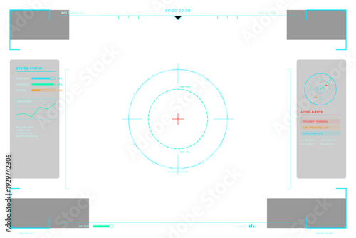 A futuristic digital interface featuring a central reticle, system status bars, active alerts, and technical data on a white background for science fiction or gaming.