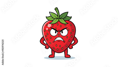 Angry cartoon strawberry character with a grumpy face and arms on hips standing on a white background with a small shadow underneath.