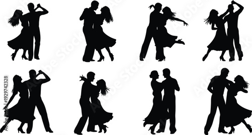 Silhouette of dancing couples in various ballroom dance poses