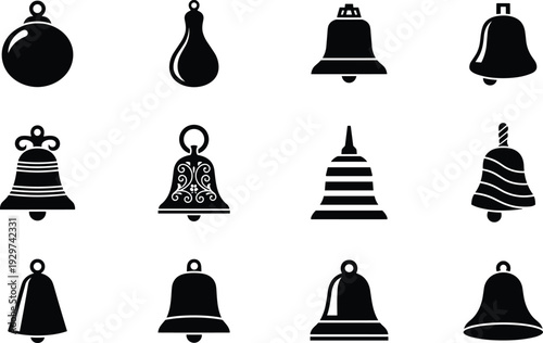 Decorative bell silhouettes mega set with Christmas jingle bells and church bell icons, black vector collection for holiday celebration wedding and festive alert design