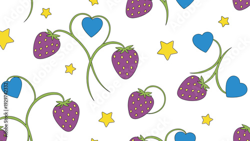 Colorful seamless pattern featuring purple strawberries with yellow seeds blue hearts and yellow stars scattered across a bright white surface.