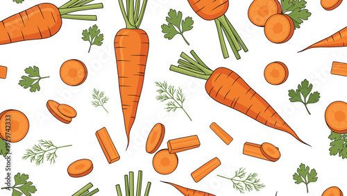 Seamless vegetable pattern showing whole orange carrots with green tops along with carrot slices and fresh parsley leaves on a white background.