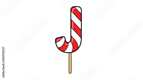 Sweet red and white striped candy cane lollipop on a wooden stick presented as a single treat isolated on a white background.