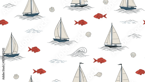 Nautical seamless pattern with sailboats gliding on waves accompanied by red fish and small seashells scattered throughout the design.
