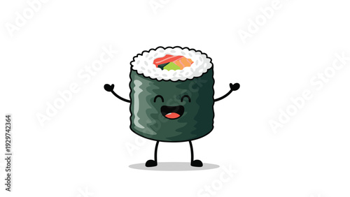 Cheerful cartoon sushi roll character with a big happy smile and arms raised in excitement standing on a plain white background.