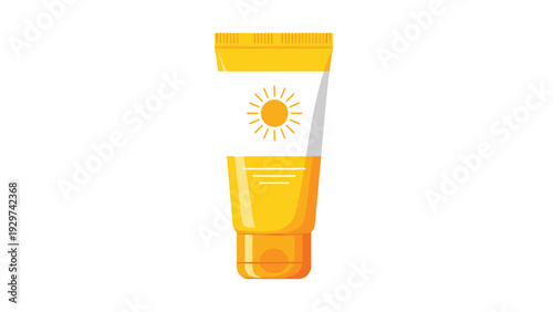 Yellow tube of sunscreen lotion with a sun icon on the front designed to protect skin from ultraviolet rays during summer activities.