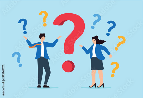 Flat illustration of businessman and businesswoman stand surrounded confused question mark doubt complexity complicated problem misunderstanding trouble.