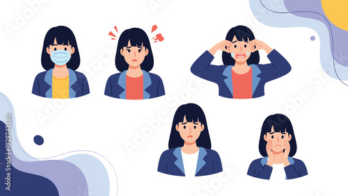 Collection of illustrations showing a young woman experiencing different emotions and situations including wearing a mask and feeling sad.