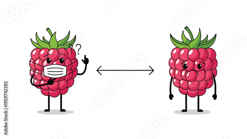 Two cartoon raspberries standing apart with an arrow showing distance and one wearing a face mask to demonstrate social distancing rules.
