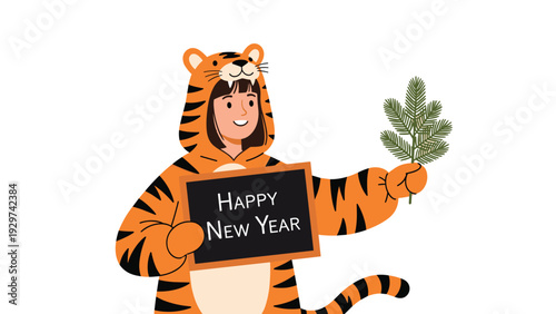 Happy girl in a tiger costume holding a chalkboard that says Happy New Year and a green pine branch to celebrate the festive season.