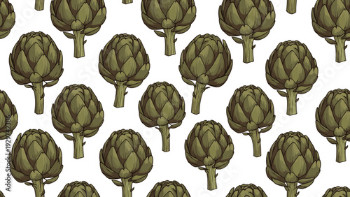 Seamless botanical pattern filled with whole green artichokes arranged in a repeating grid on a clean white background surface.