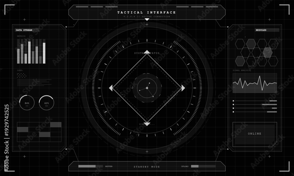 Fototapeta premium A futuristic tactical interface display featuring a central radar scanner, data stream metrics, signal analysis graphs, and system status modules on a dark grid background.