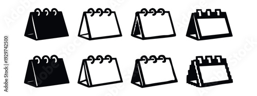 Collection of eight versatile calendar icons in two rows, showcasing various design interpretations for scheduling applications.