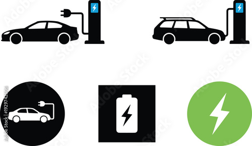 Electric vehicle charging station icons set, eco friendly car with battery power symbols, sustainable transport silhouettes for green energy and future environment technology design