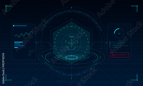 A futuristic digital interface display featuring various data visualizations, graphs, and a central target element on a dark blue background with cyan glowing lines.