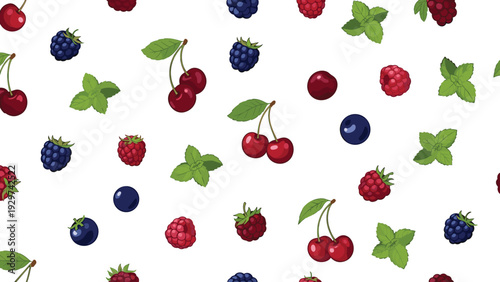 Vibrant seamless pattern featuring a variety of berries including cherries blackberries and raspberries along with green mint leaves.