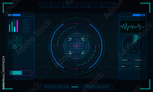This futuristic digital heads-up display interface features a central globe, circular gauges, bar charts, and radar data panels on a dark blue grid background for sci-fi concepts.