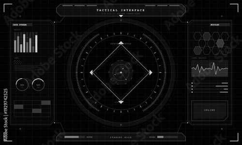 A futuristic tactical interface display featuring a central radar scanner, data stream metrics, signal analysis graphs, and system status modules on a dark grid background.