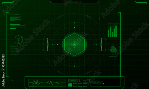 A futuristic green heads up display interface featuring a central hexagonal target, circular gauges, data charts, and a waveform on a dark grid background for a scifi aesthetic.