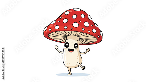 Energetic cartoon fly agaric mushroom character with a red spotted cap and star eyes jumping for joy on a white background.