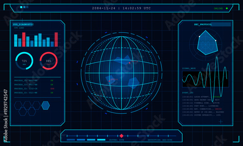 A futuristic digital interface displays a wireframe globe, system diagnostics, security protocols, and an event log on a dark grid background with cyan and red accents.