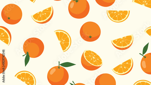 Refreshing seamless pattern showcasing whole oranges sliced orange rounds and wedges with green leaves on a light cream background.