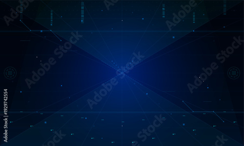 This dark blue digital background displays abstract geometric shapes, glowing grid lines, and perspective elements, creating a futuristic high-tech atmosphere for design.