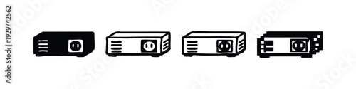 Front view icons of power generators with socket details in a diverse stylistic set