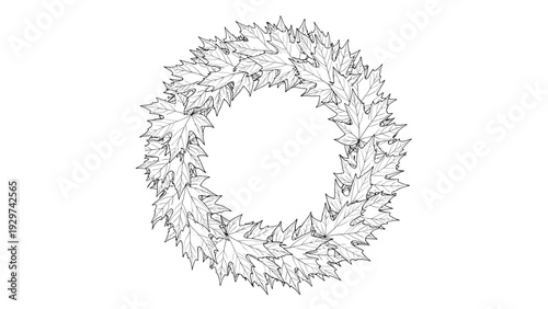 Detailed black and white line drawing of a wreath made entirely from layered maple leaves forming a circular autumnal decoration.