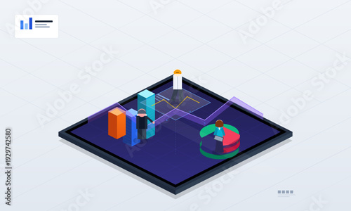 This isometric vector illustration shows a digital tablet with colorful bar charts, line graphs, and a pie chart being analyzed by small human figures in a business setting.