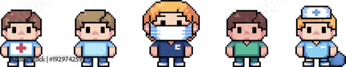 Pixel art medical character set, doctor nurse and healthcare workers, cute 8-bit retro game style sprite avatars collection