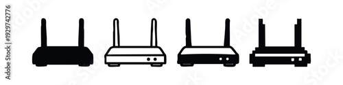 Wireless router icons with front panel details. Black and white network device symbols.