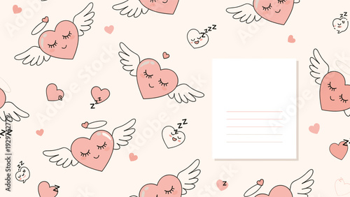 Sweet pattern of sleeping pink angel hearts with wings halos and small zzz symbols next to a blank white card for custom text.