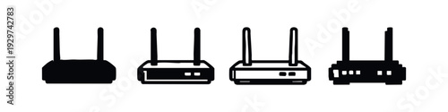 Wireless router icons set. Black and white network device symbols. Vector illustration.