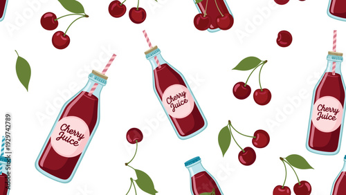 Seamless pattern with bottles of cherry juice featuring straws and labels alongside whole cherries and green leaves on a white field.