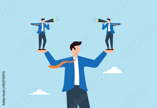 Flat illustration of confused businessman with two mini versions of himself in both hands shouting opposite directions on megaphones internal conflict and decision making dilemma.