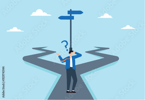 Businessman thinking between two directions with question mark. Concept of decision making in face of uncertainty, process of choosing between two options, and navigating difficult situ