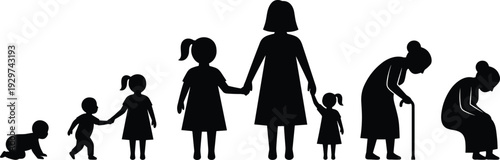 Human life stages silhouettes from baby to elderly woman with cane, aging process growth timeline, family generations concept isolated black white illustration