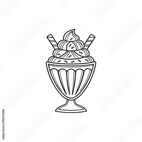 Line drawing of ice cream sundae with whipped cream and wafers in a bowl
