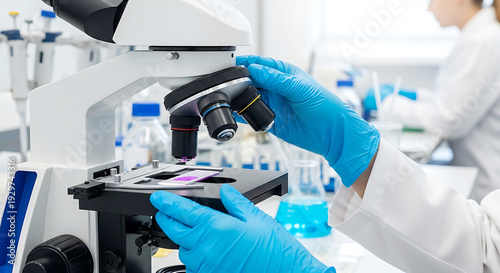 Modern laboratory environment with scientist working on microscope and medical testing equipment in the background