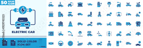 Electric Car Solid Color Editable Icons set