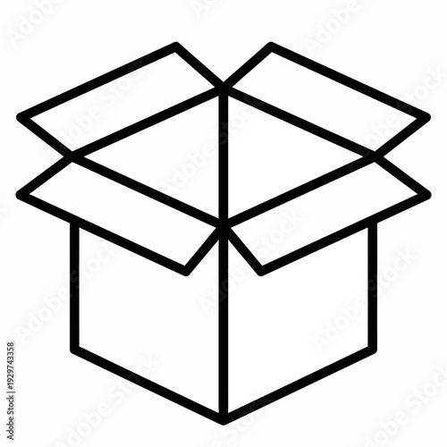 A minimalist line drawing of an open cardboard box viewed frontally on a plain white background, captured as a simple illustration in a clean studio setting